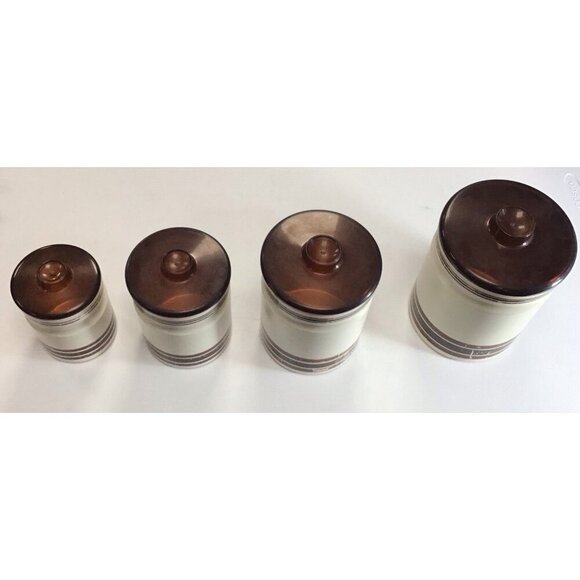 Vintage/Retro Set 4 Kromex Tan Brown Stripes Nesting Aluminum Canisters W/ LIDS - Picture 1 of 8